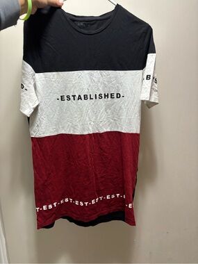 Primark Black White Red Colorblock 'Established' Short Sleeve Tee